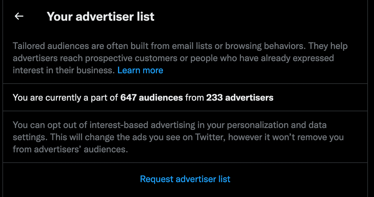 Text from the Twitter app that says "You are currently a part of 647 audiences from 233 advertisers" - wow!