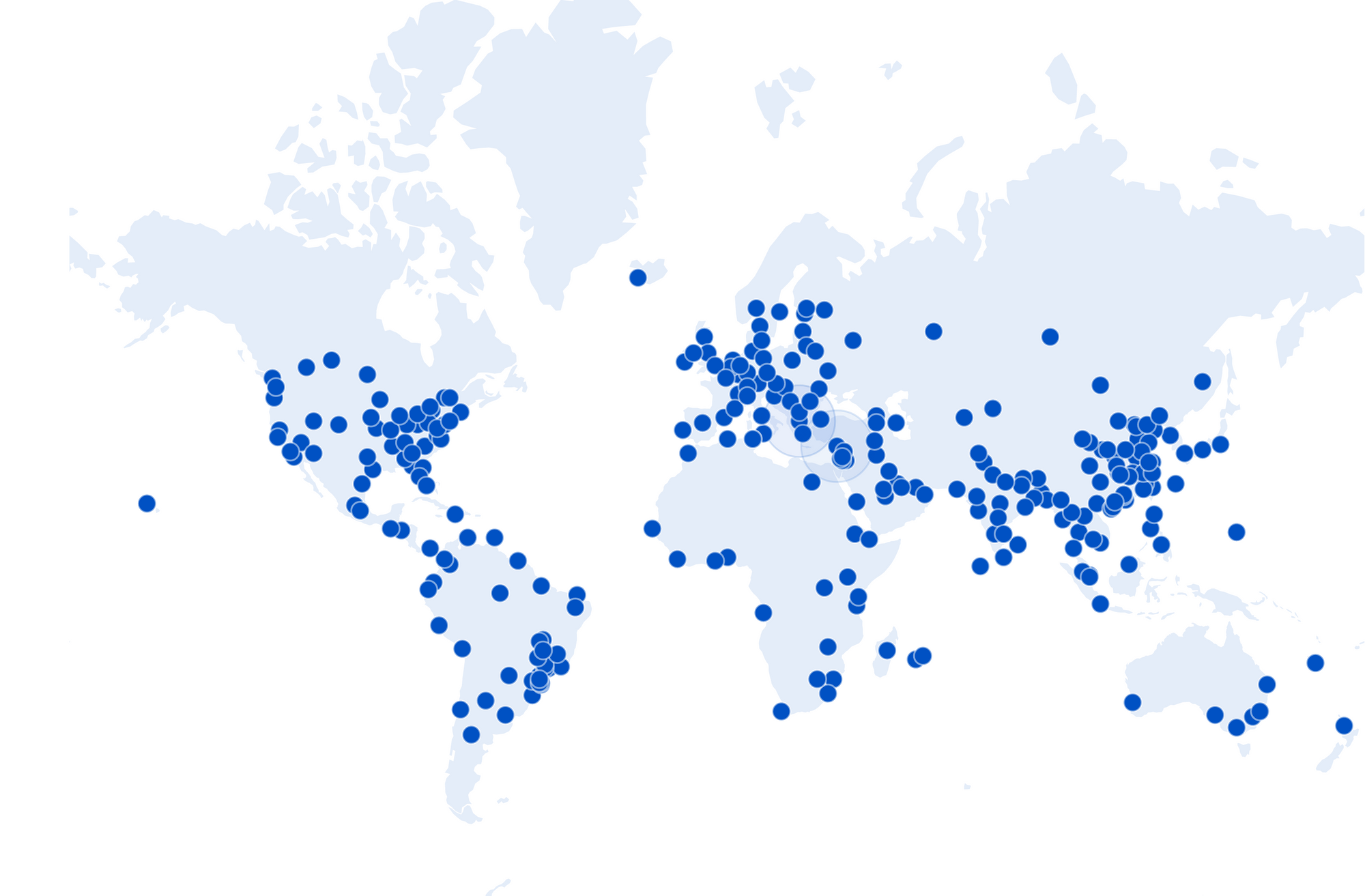 A map of the world with 250 dots on it, each representing a Cloudflare POP. Wow!