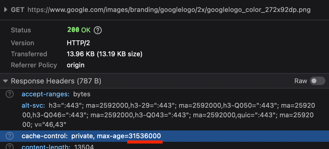 Statistics from a request to load Google's homepage logo, showing a cache "max-age" value of 31536000 seconds, or 1 year!